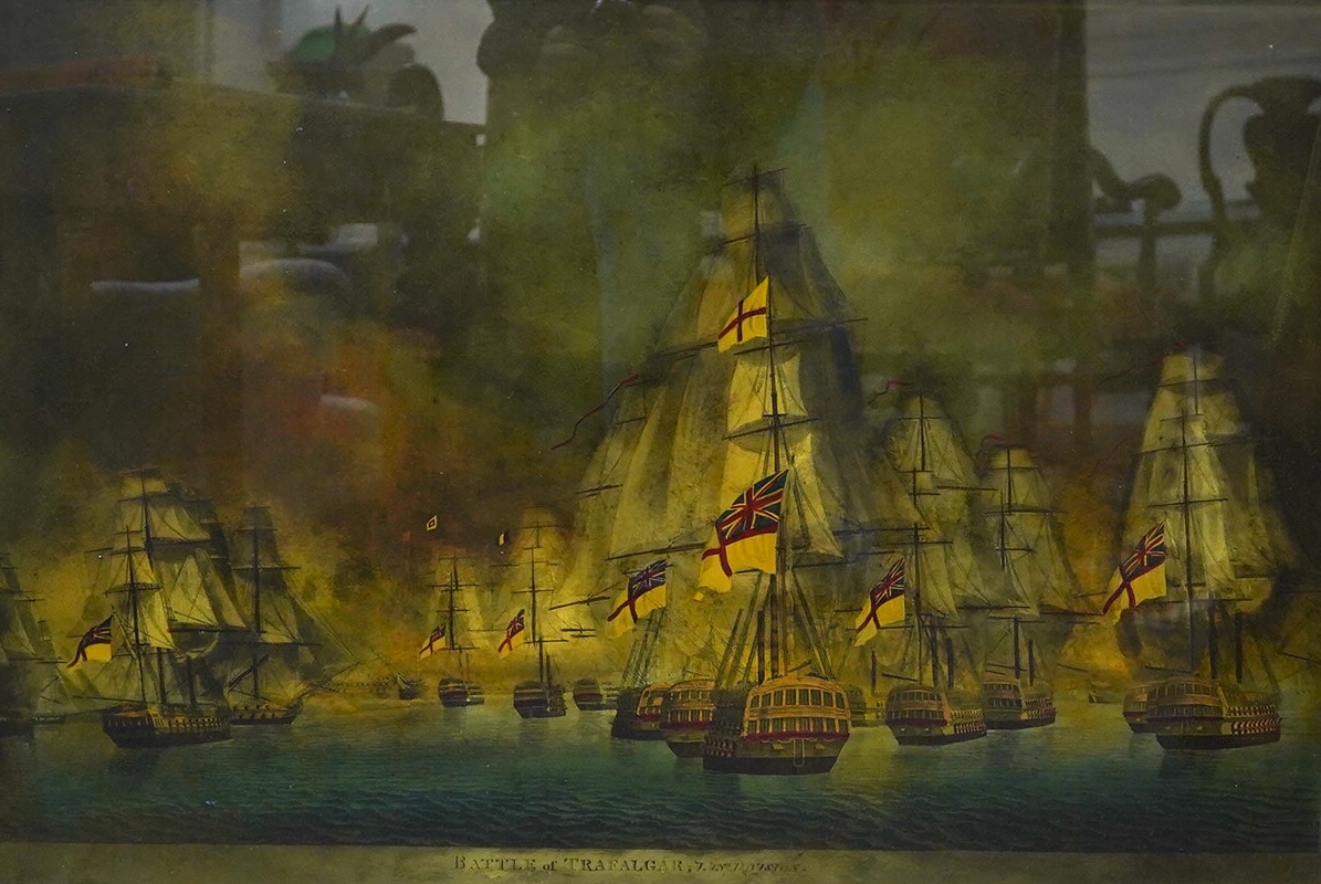 19th century School, two reverse glass prints, ‘Battle of Trafalgar’ and ‘William Thomas of Sunderland, H. Robson Commander’, largest 58 x 87cm. Condition - fair